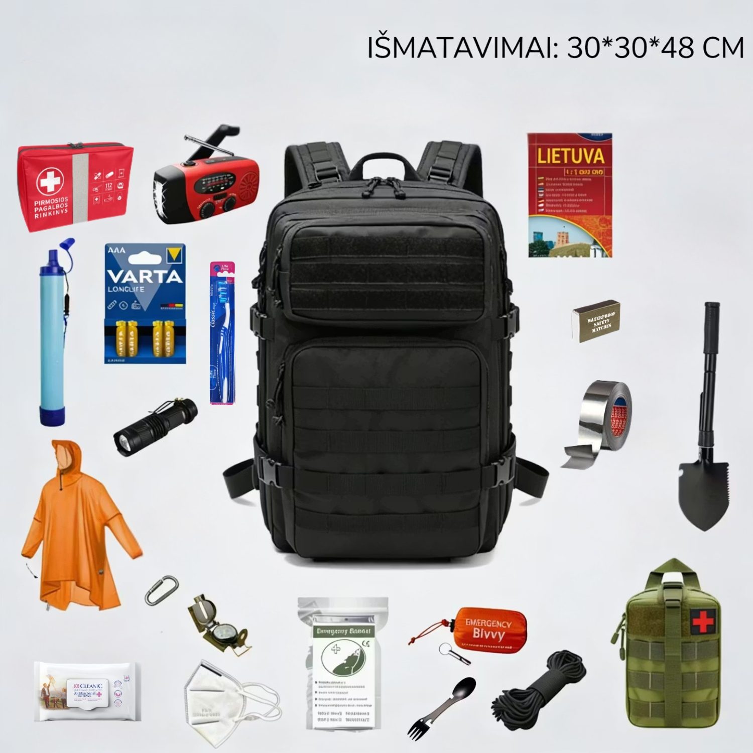 72h Išvykimo krepšys, išgyvenimo kuprinė 5 72h išgyvenimo kuprinė – juoda